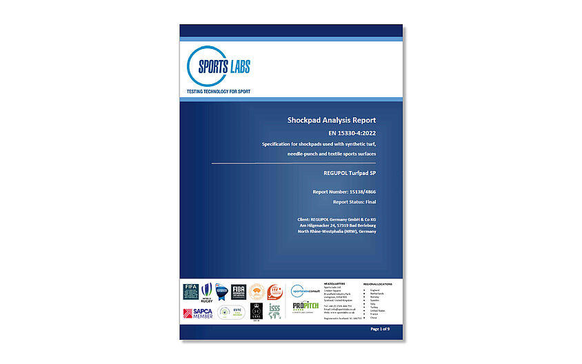 Test report of the certified elastic layer REGUPOL turfpad SP according to EN 15330-4
