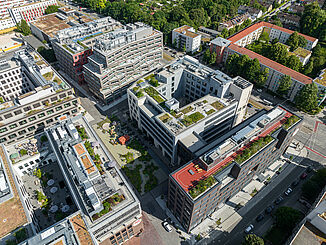 Aerial view of the various buildings of the Macherei in Munich